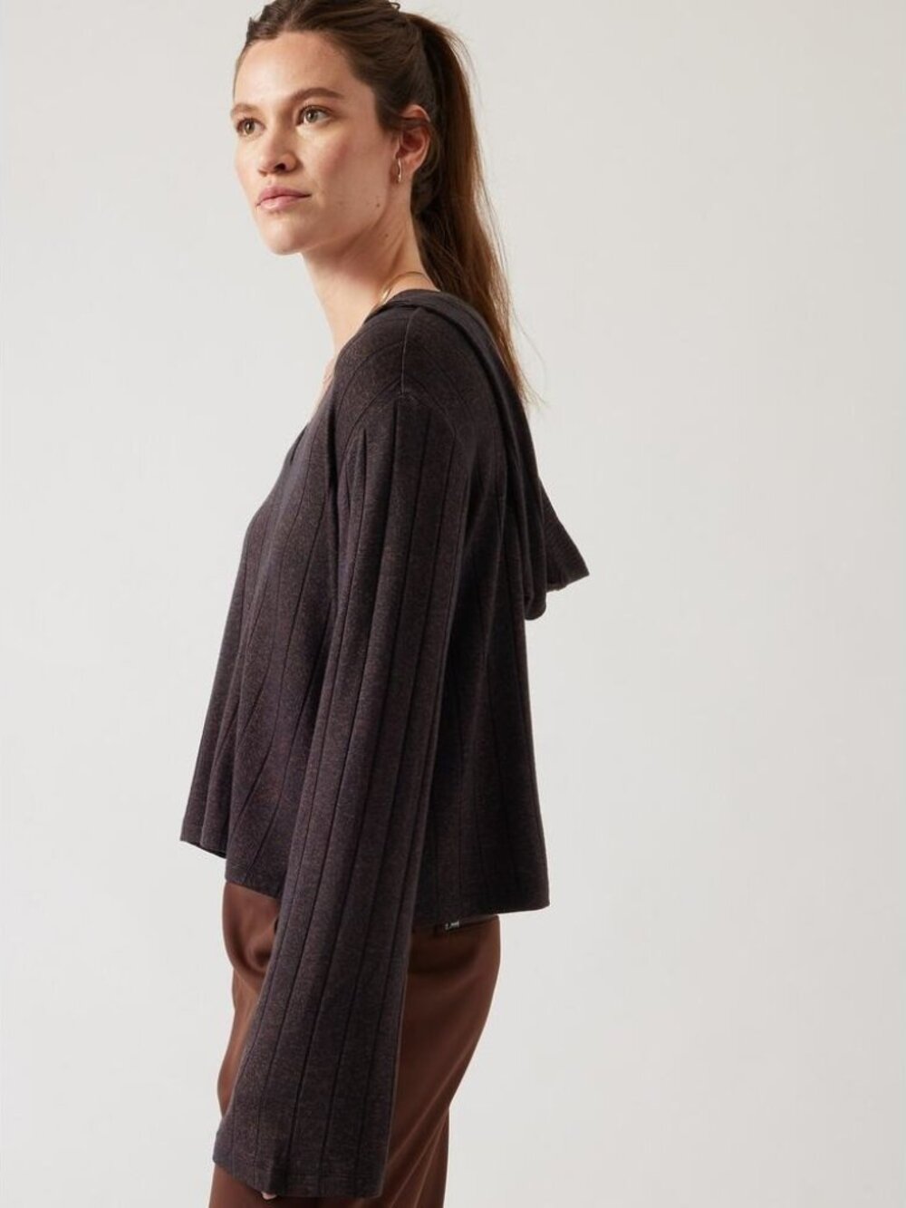 Athleta Harmony Pose Ribbed Hoodie Heather Brown Size Large